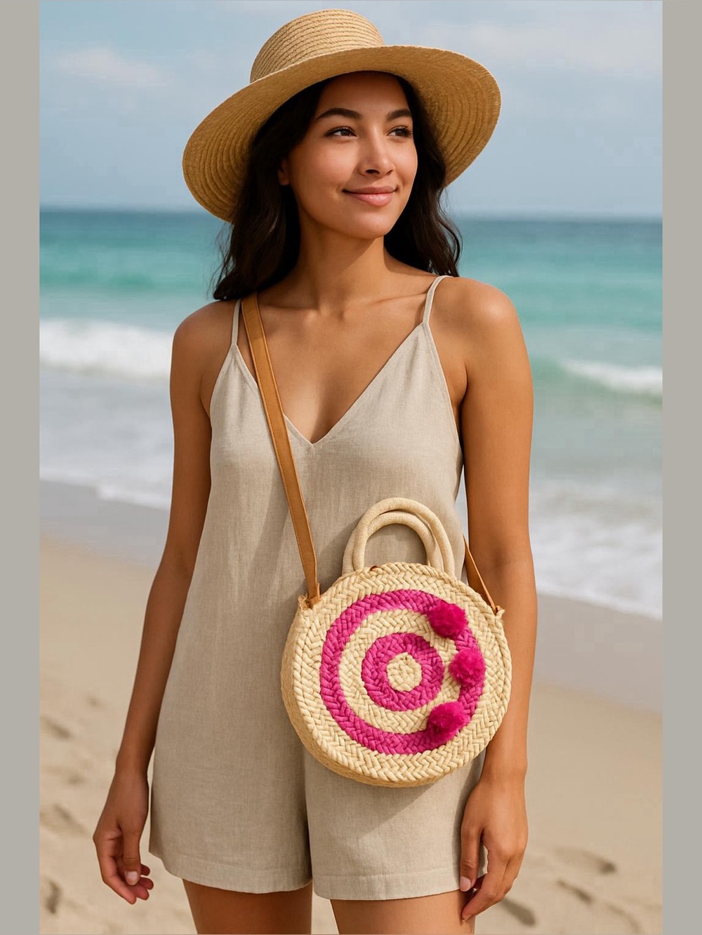 Women’s Round Straw Crossbody Bag with Pink Pom Target Casual Vacay Beach Pool